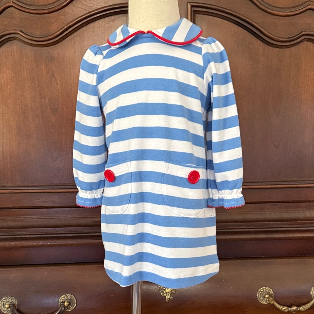 BEAUFORT BONNET Girls Blue Stripe Dress Red Trim Classic 18-24M